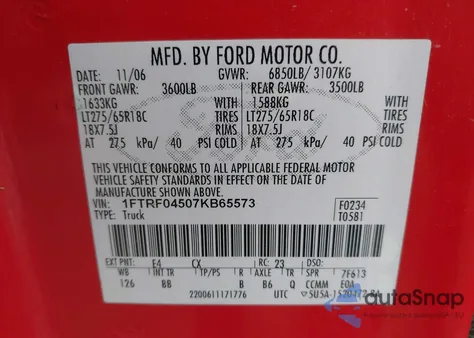 2007 Ford F-150 Fx4/Xlt из США, поврежденный, VIN 1FTRF04507KB65573